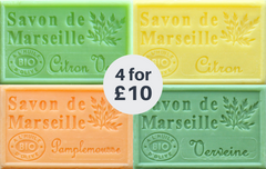 Marseille French Soaps, 4 x 125g REFRESHING Fragrances, Vegetable Soap Bars