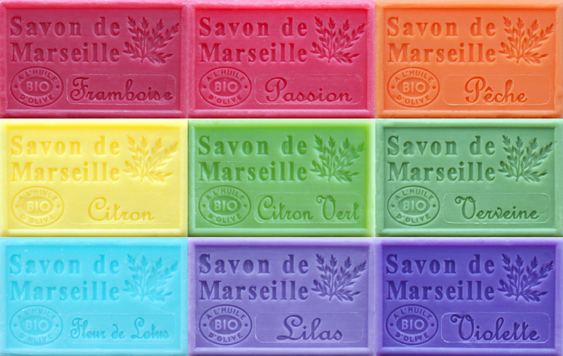 The 9 Savon de Marseille French Soaps in this set of Rainbow Coloured Soaps