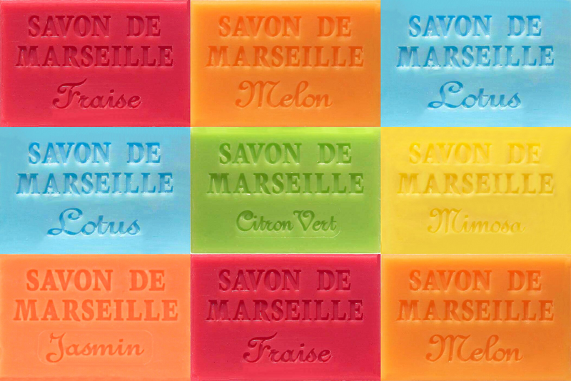 Shows the soaps in this 9 x 60g Savon de Marseille Floral & Fruity Collection - Fragranced French Soap, Vegetable Soap