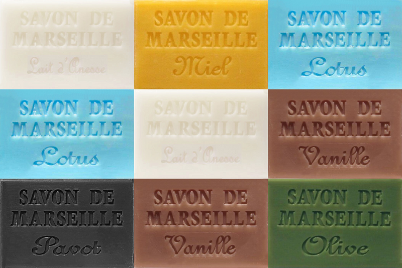 Shows the soaps included in this 9 x 60g Savon de Marseille Masculine Collection - Fragranced French Soaps, Vegetable Soap