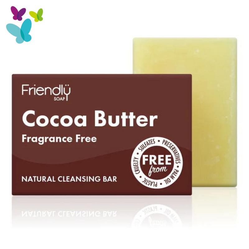 The Cocoa Butter fragrance free soap bar and cardboard box