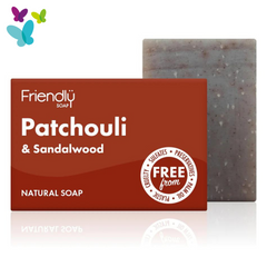 The Patchouli & Sandalwood soap bar and cardboard box