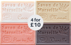 Marseille French Soaps, 4 x 125g EXOTIC Fragrances, Vegetable Soap Bars