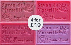 Marseille French Soaps, 4 x 125g FRUITY Fragrances, Vegetable Soap Bars, Muscat Grape, Passion Fruit, Raspberry, Red Vine Fruits