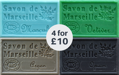 Marseille French Soaps, 4 x 125g MASCULINE Spicy Fragrances, Vegetable Soap Bars