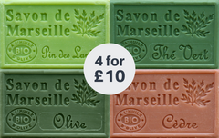 Marseille French Soaps, 4 x 125g MASCULINE Woody Fragrances, Vegetable Soap Bars