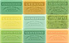 The 9 Savon de Marseille French Soaps in this set of Refreshing Fragrances, enriched with organic shea butter