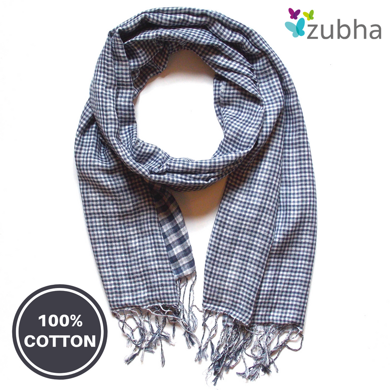 Lightweight Woven Cotton Scarf - Reversible Dark Blue Gingham Check - Fair Trade