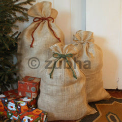 Shows all three sizes of Rustic Christmas Hessian Sack with Jute Tie Top - Jute Gift Bag, Christmas Stocking, Santa Sack