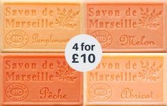 Marseille French Soaps, 4 x 125g FRUITY Fragrances, Vegetable Soap Bars, Grapefruit, Melon, Peach, Apricot