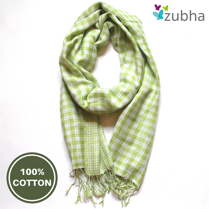 Lightweight Woven Cotton Scarf - Reversible Lime Green Gingham Check - Fair Trade