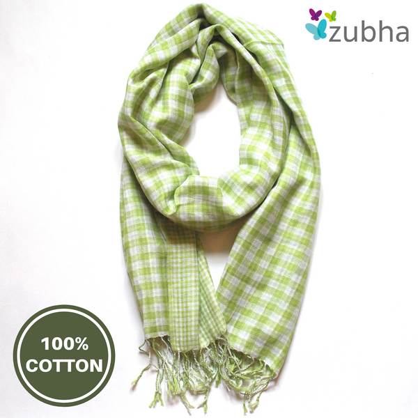Lightweight Fair Trade Cotton Scarf Lime Green Gingham Check by