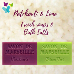 shows a 60g patchouli soap bar and a 60g lime soap bar with a background of bath salts 