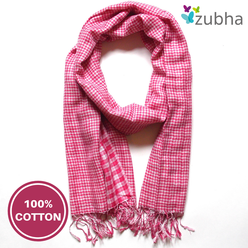 Lightweight Woven Cotton Scarf - Reversible Dark Pink Gingham Check - Fair Trade