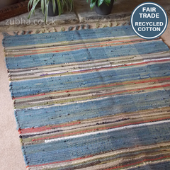 Blue Check Rag Rug - 90cm x 150cm - Fair Trade, Eco Friendly, Recycled Cotton