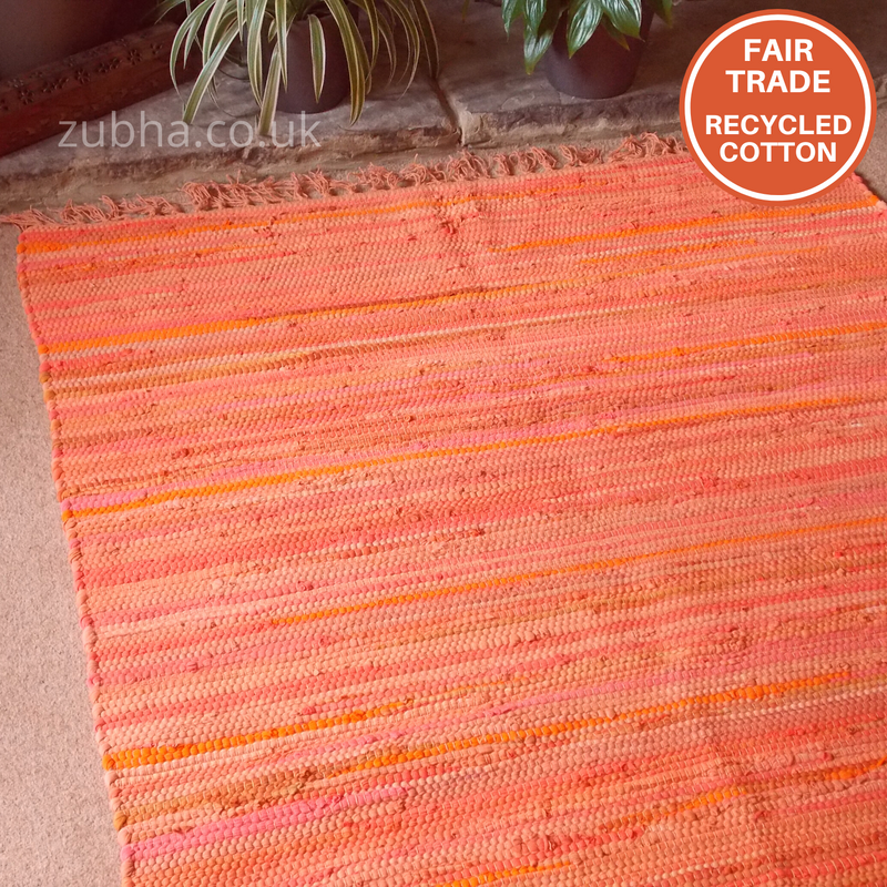 Orange Stripe Rag Rug - 90cm x 150cm - Fair Trade, Eco Friendly, Recycled Cotton