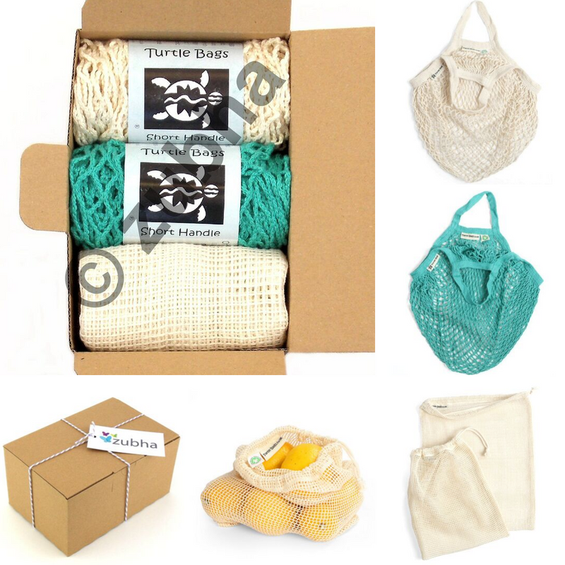 Aquamarine Turtle Bags Zero Waste Starter Kit, Organic Cotton String Shopping Bags & Grocery Mesh Bags Gift Set